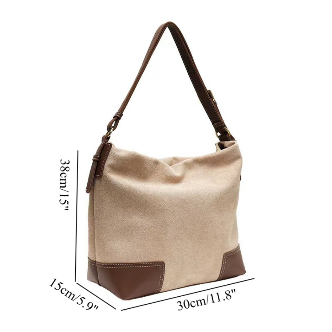 Bolso hobo de ante de gran capacidad, bolso de hombro femenino con contraste, bolso de mano, bolso informal