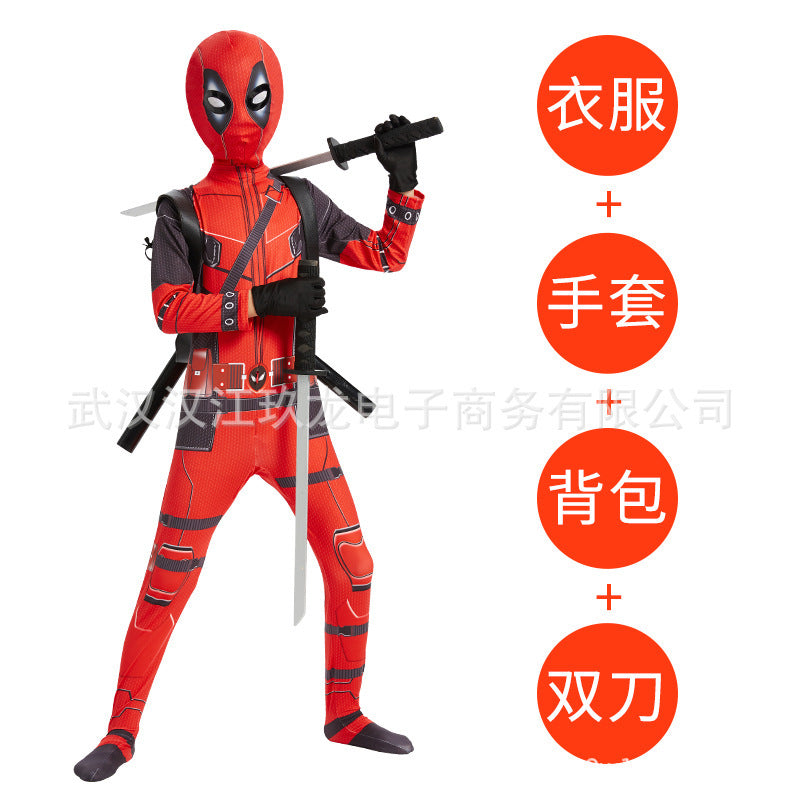 Disfraz de Deadpool para Halloween: mono ajustado para niños, mochila con doble cuchillo para adultos, traje para niños.