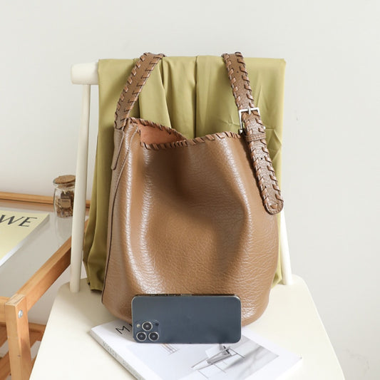 Bolso tipo cubo elegante con correa de hombro tejida para mujer - Textura versátil, suave PU, estilo retro informal