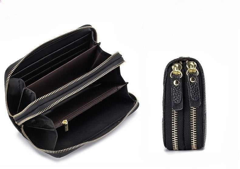 Women's Leather Double Zipper Wallet - Solid Color Large Capacity Long Phone Wallet from First-Layer Cowhide -dropshippingabc.com