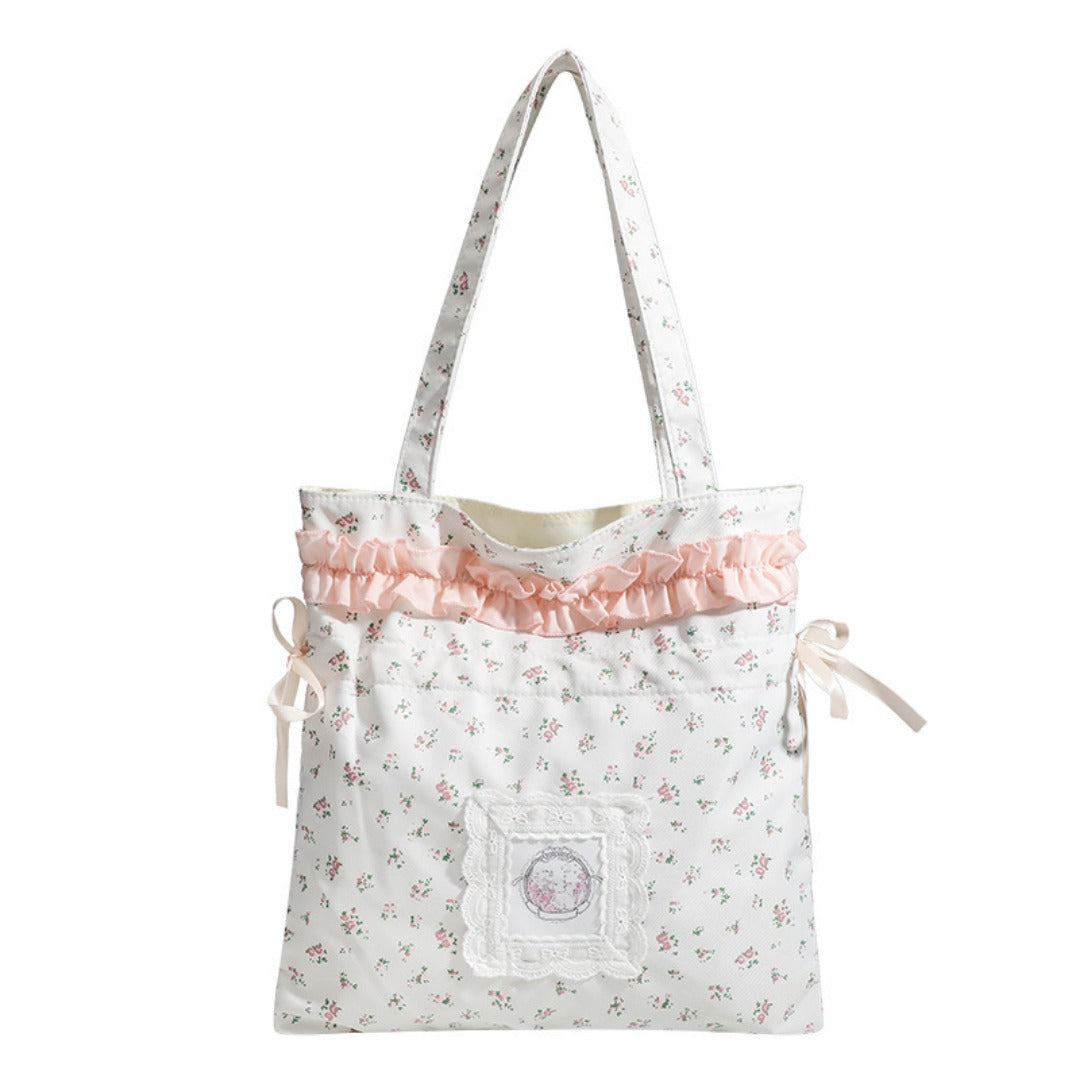 Spring shoulder floral draw with hobo bag, girls cloth bag cute small cloth bag, drawstring shoulder tote bag for women