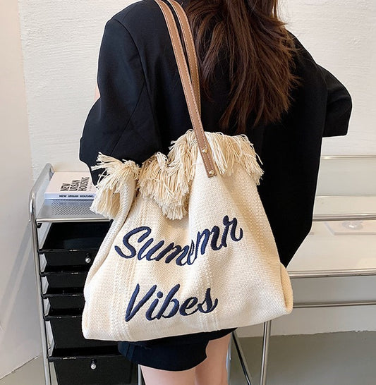 Bolso tote bohemio de lona tejida, bolso étnico sencillo