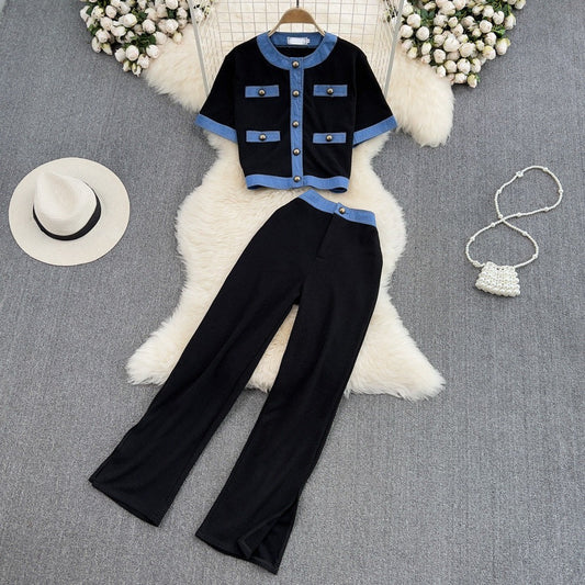 Fashion Two-Piece Set – Elegant Crewneck Single-Breasted Denim Contrast Crop Top + Skirt Suit