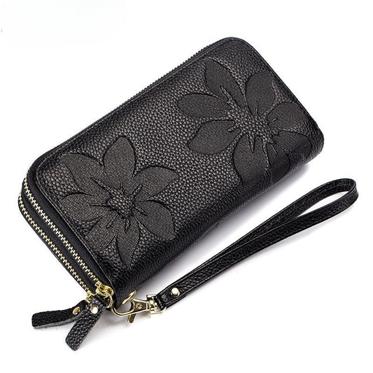 Women's Leather Double Zipper Wallet - Solid Color Large Capacity Long Phone Wallet from First-Layer Cowhide -dropshippingabc.com