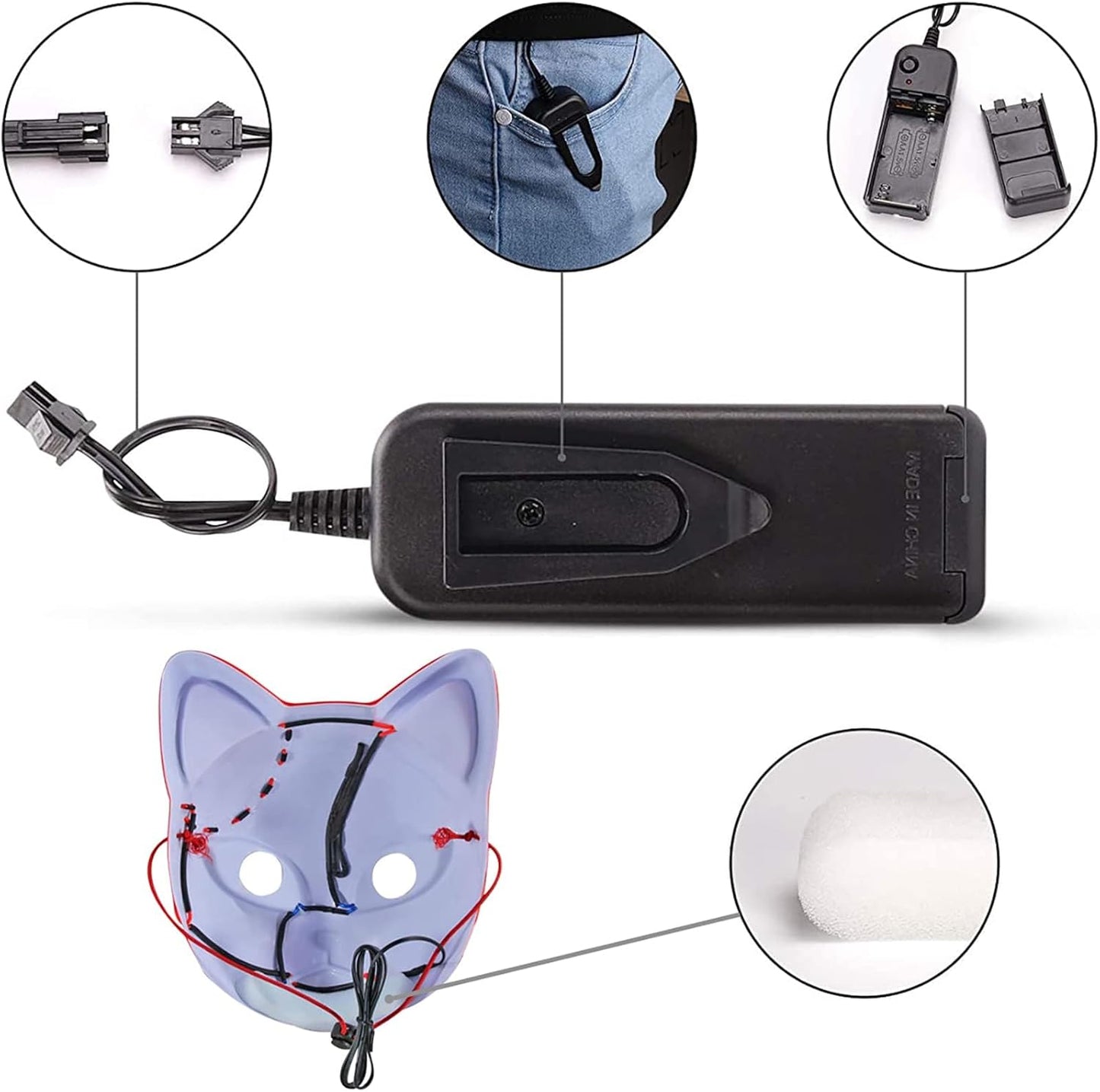 Máscara LED de demonio, accesorios de disfraz de cazadores, máscara de plástico con cara de zorro de anime japonés, máscaras brillantes para cosplay de adultos en fiestas de disfraces