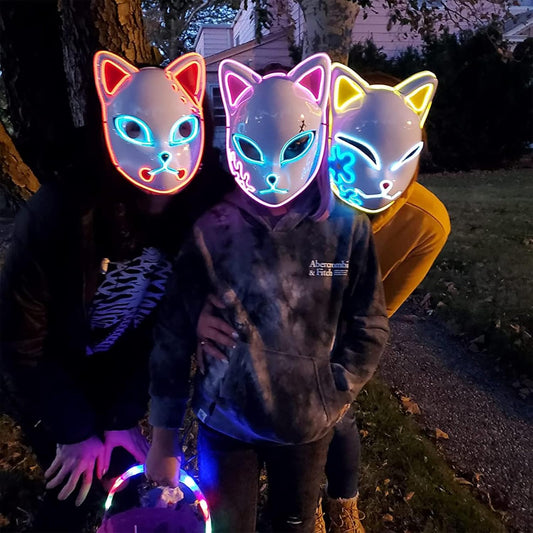 Máscara LED de demonio, accesorios de disfraz de cazadores, máscara de plástico con cara de zorro de anime japonés, máscaras brillantes para cosplay de adultos en fiestas de disfraces