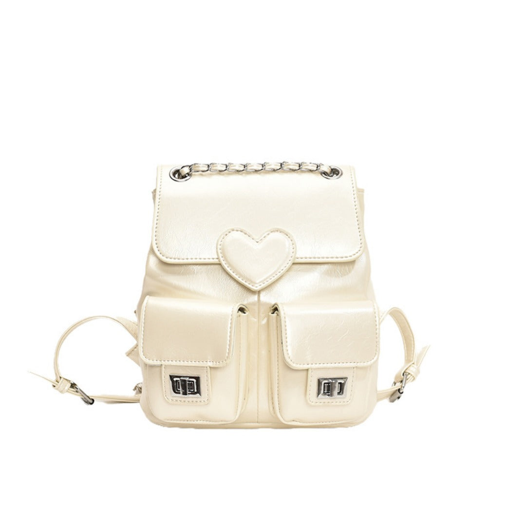 Mochila de mujer con estampado de corazones, mochila versátil con cadena, bolso pequeño de viaje a la moda para mujer