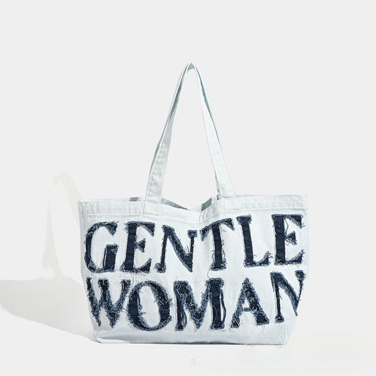 Bolso bandolera de lona de gran capacidad, bolso tote grande de mezclilla retro, bolso de mano de tela con pegatinas de letras, bolso tote grande