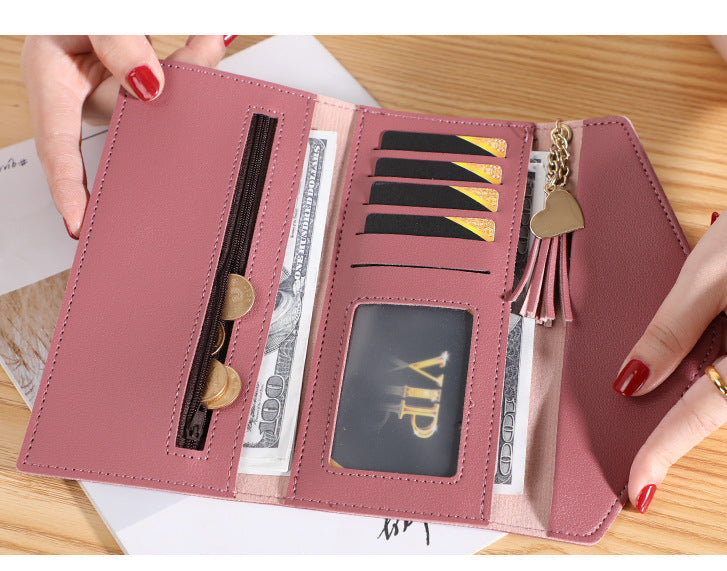 Cartera larga de mujer con flecos, tipo clutch plegable de tres pliegues; cartera sencilla de noche para mujer.