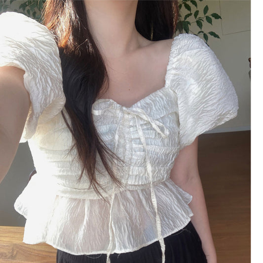 Sexy Short Chic Crop Tops Off Shoulder Women Korean Japanese FLHJLWOC Style Design Pink Floral Ruffled Vintage Peplum Top Blouse