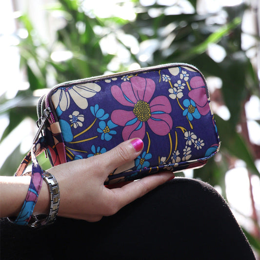 Floral Printed Fabric Wristlet Wallet for Women - Double Zipper Clutch with Wrist Strap -dropshippingabc.com