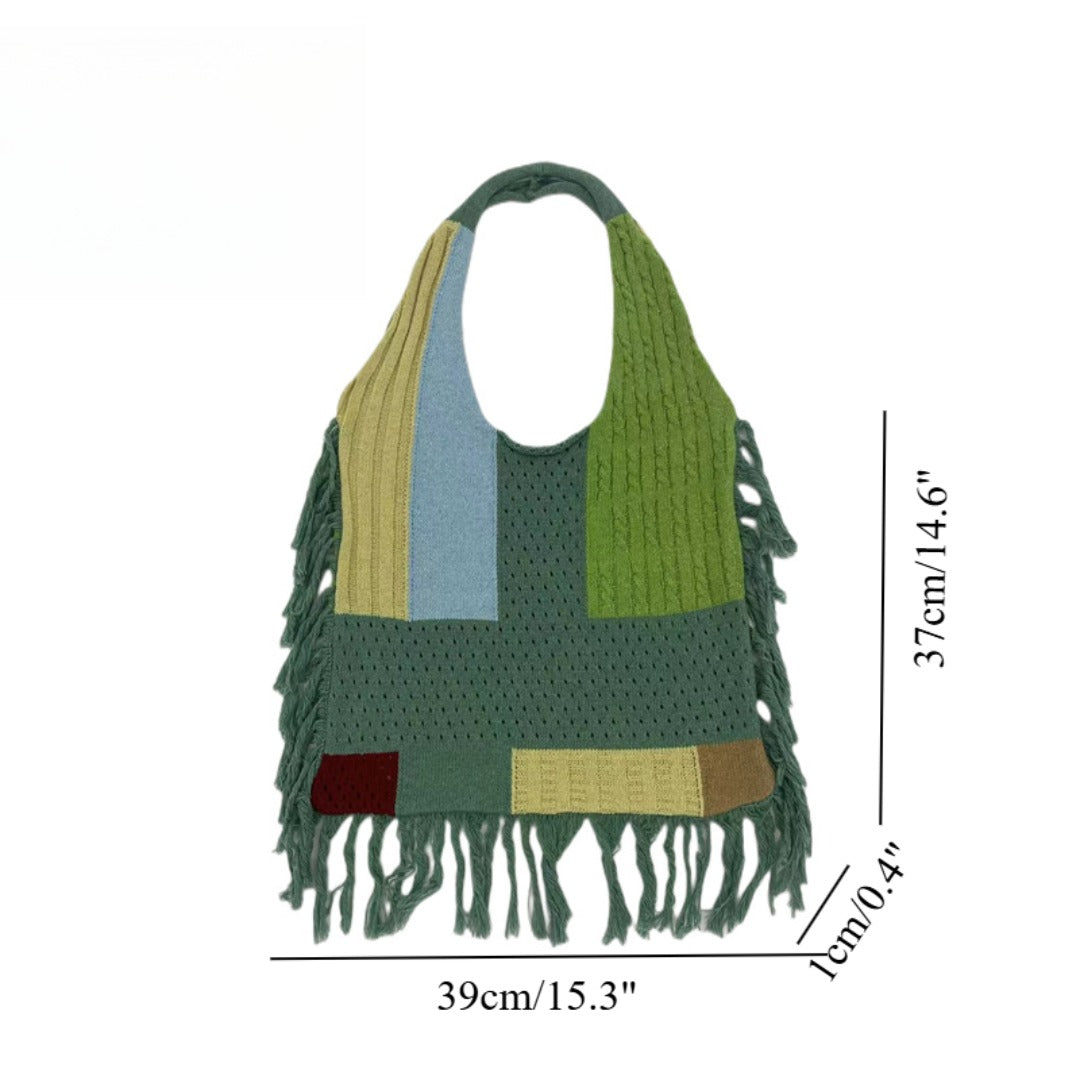 Bolso con borla para mujer, bolso de hombro de punto con diseño de empalme, bolso hobo de punto retro sencillo y versátil