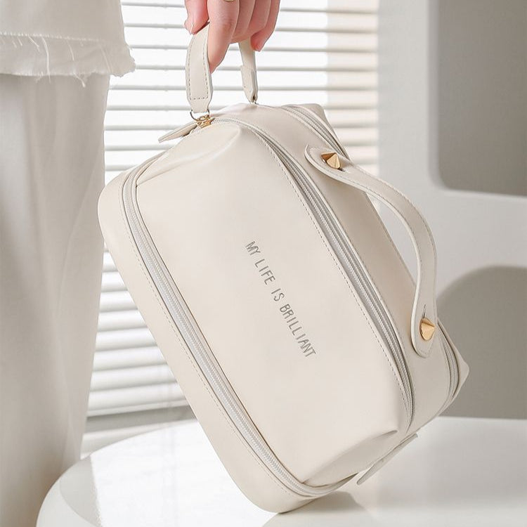 Neceser de maquillaje de doble capa y doble cremallera para mujer, neceser de cosméticos de gran capacidad, neceser de piel sintética, bolsa de almacenamiento de cosméticos, organizador de maquillaje.