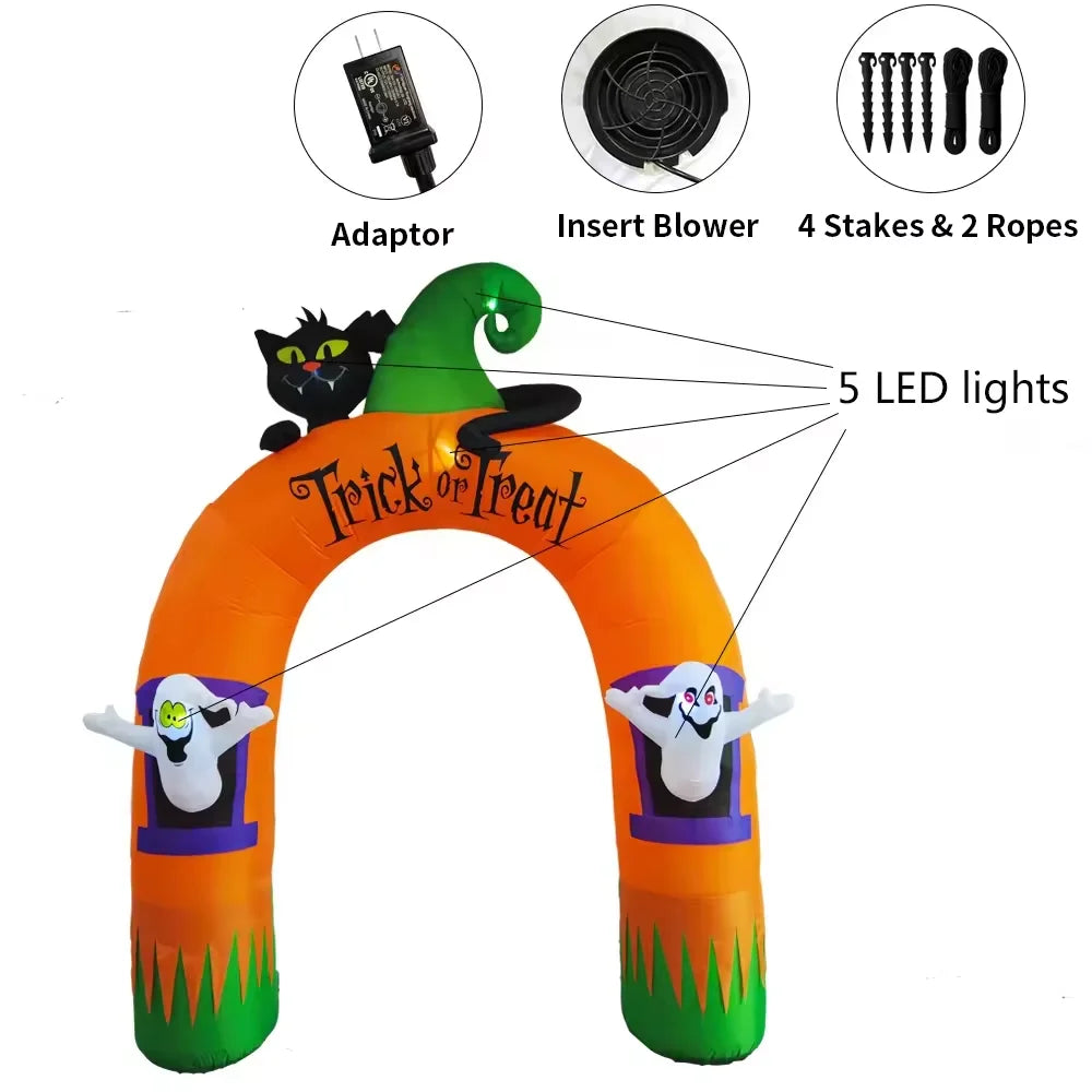 10FT Giant Inflatable Arch with Black Cat and Ghosts Outdoor Patio Lawn Halloween Inflatable Decorations