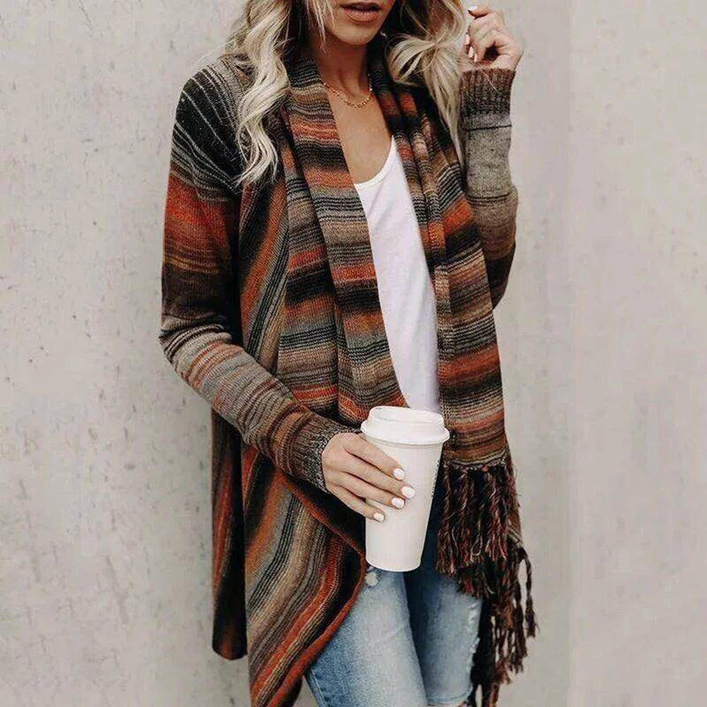 Long Striped Cardigan Coat For Women Poncho Tassels Shawl Loose Sweater Knitted Cardigans Casual Jacket Female Coat Autumn