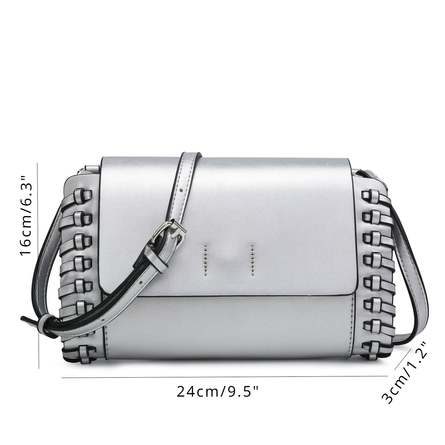 Bolso bandolera pequeño plateado, bolso cuadrado compacto color canela y negro con detalle de tejido artesanal.