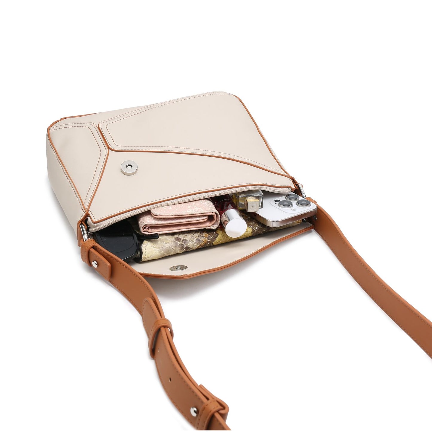 Bolso bandolera pequeño para mujer con monedero cuadrado y solapa con estampado geométrico patchwork.