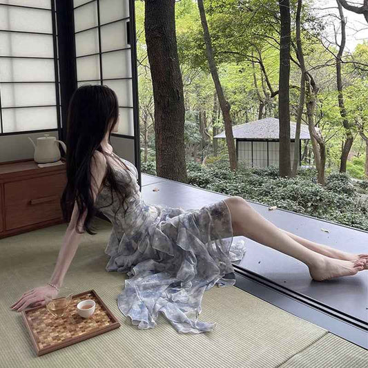 Floral Print High Waist Fairy Dress with Lotus Edge Ruffles