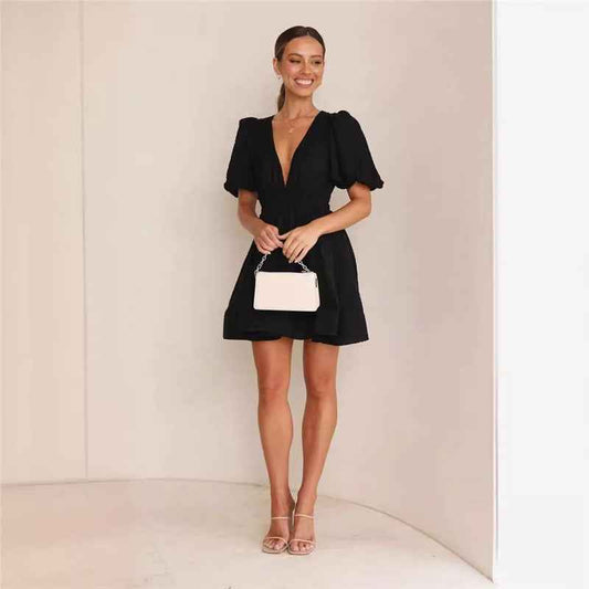 Deep v Waist Skinny Pleated Bubble Sleeve Dress Lantern Sleeve Bridesmaid