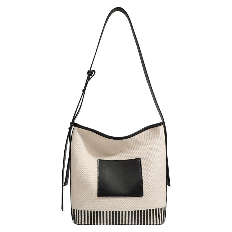 Canvas Splicing Large Capacity Bucket Bag, Wide Shoulder Strap Fashion hobo bag for women, Versatile Striped Shoulder Bag