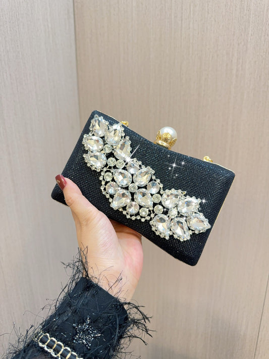 Bolso de mano con pedrería de cristal, ideal para bodas, cumpleaños, fiestas, eventos sociales y cenas.