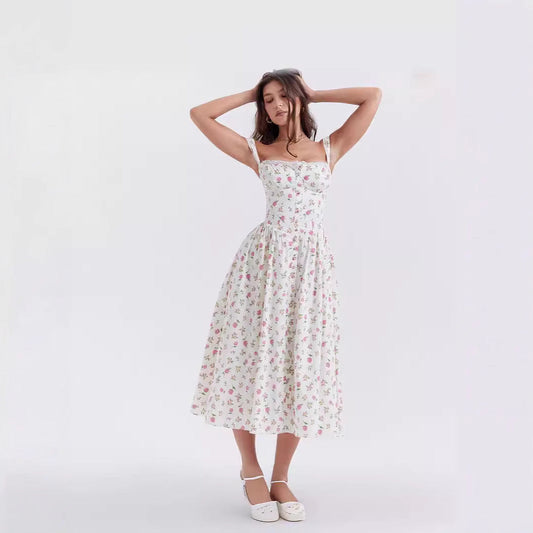 Floral Printed French Lace-Up Halter Dress - Sleeveless Spaghetti Strap Holiday Party Dress with Suspender Detail -dropshippingabc.com