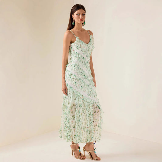 Women's Ruffle Spaghetti Strap Summer Sexy Cover-Up Mesh Long Dress