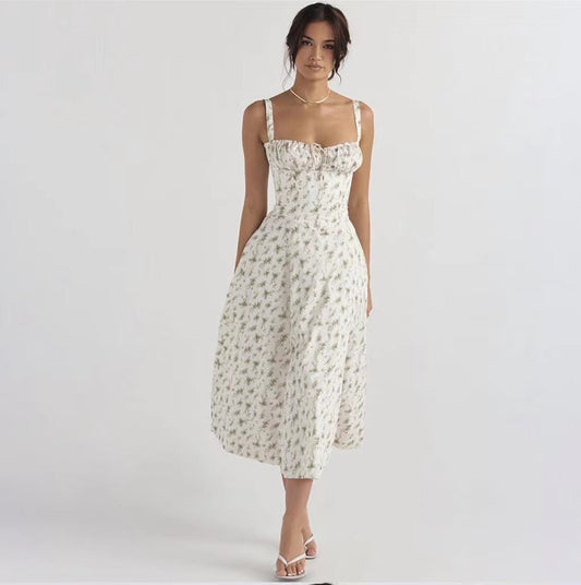Sleeveless Strapless Bandage Corset Dress - Floral Print Long Midi Dress with Lace Up Back & Thigh Slit -dropshippingabc.com
