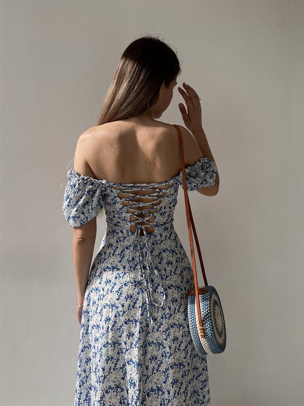Sleeveless Floral Print Maxi Dress - Strapless Square Neck with High Slit & Waist Emphasis -dropshippingabc.com