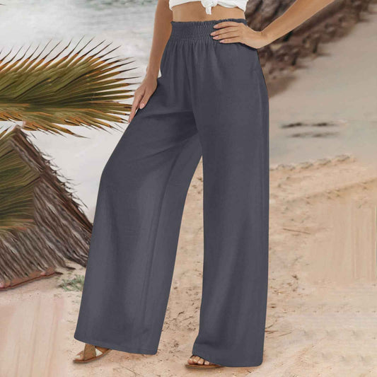 Women's Shirred Waist Wide Leg Pants