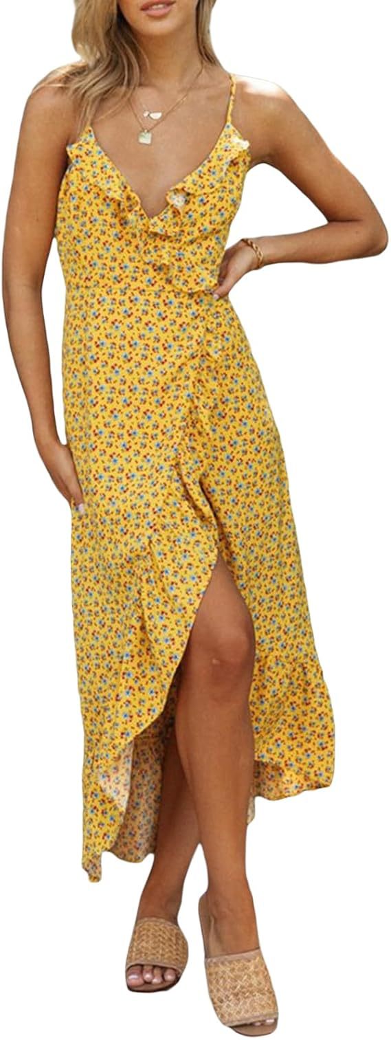 Sexy Floral Print Suspender Skirt Dress - Women's V-Neck Ruffled Reformation Style Holiday Party Dress -dropshippingabc.com