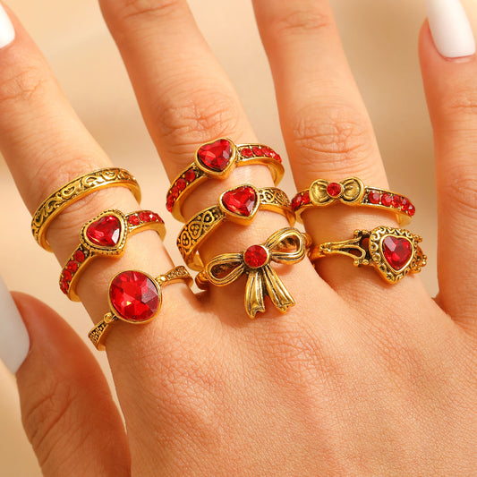 Art Vintage Palace Heart Geometric Red Zircon Bow Ring Women Luxury Band
