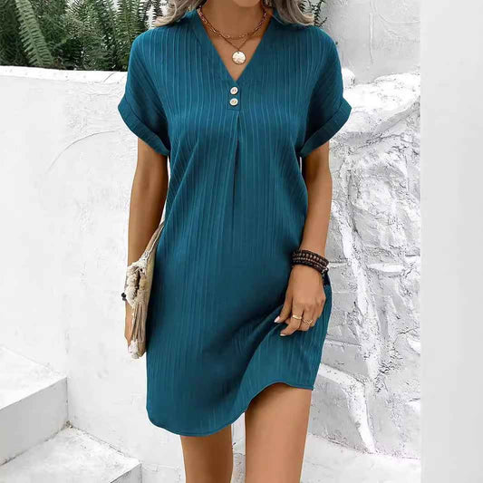 Solid Color Pullover Comfortable Casual Button Dress V-Neck Batwing Sleeve Dress