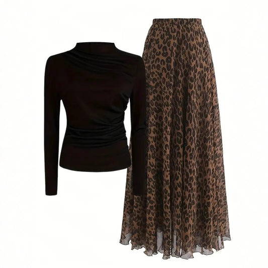 Black Top Leopard Print Skirt Set