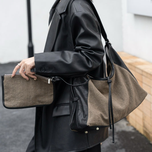 Bolso de piel de vacuno curtida vegetal con empalme de lino, bolso tipo cubo informal de gran capacidad, bolso de hombro tipo tote, bolso hobo para mujer