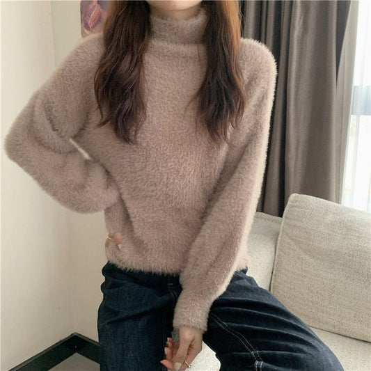 High-Neck Faux Fur Knit Sweater
