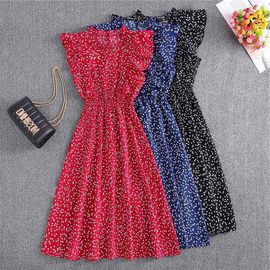 Polka Dot Chiffon Skirt Loose Versatile Temperament Medium Skirt Dot Print Butterfly Sleeve Ruffles dress