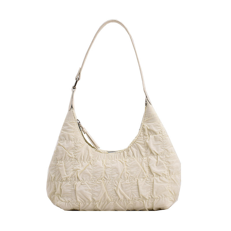 bolso pequeño de hombro, bolso tipo puff color crema, bolso plisado, bolso hobo