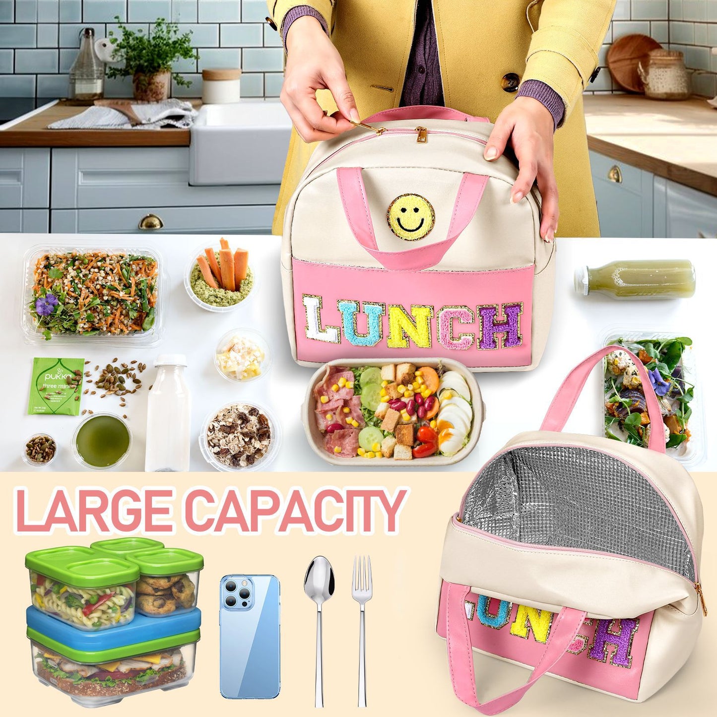 Bento bag, embroidered lunch bag, student lunch box handbag, fresh-keeping large-capacity thickened ice bag