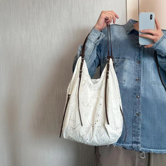 Bolso hobo blanco de gran capacidad, bolso de hombro bordado, bolso tote, bolso de hombro para uso diario