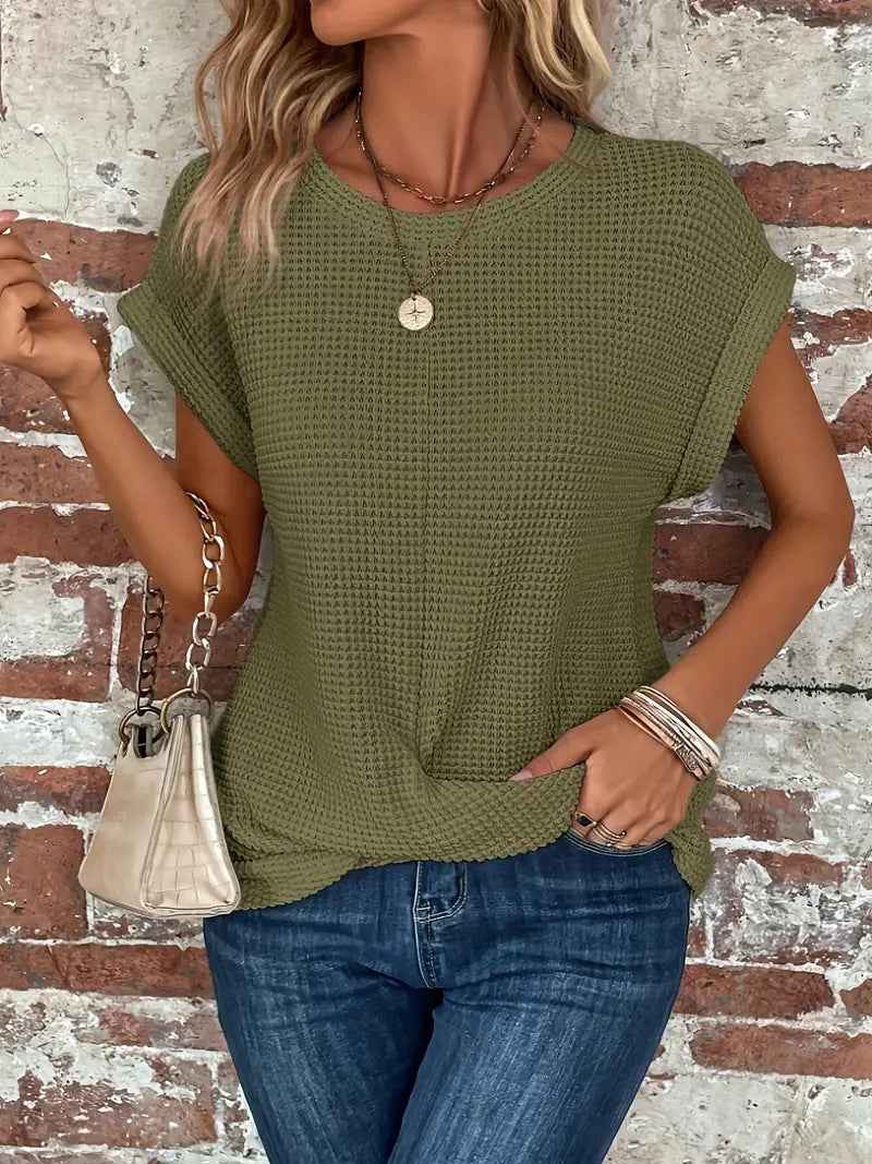 Batwing Sleeve Twist Hem Waffle Knit Tee