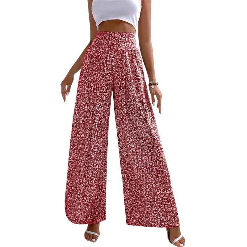 Shirred Waist Wide Leg Pants W Floral Pattern