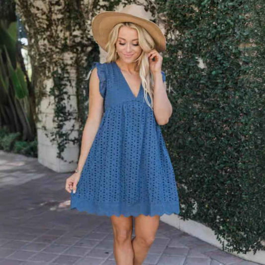 Lace jacquard hollowed V-neck dress