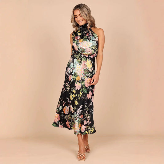 Women's Summer Sundress - Sexy Halter Sleeveless Satin Dress with Elastic Waist & Ruffle Trim -dropshippingabc.com