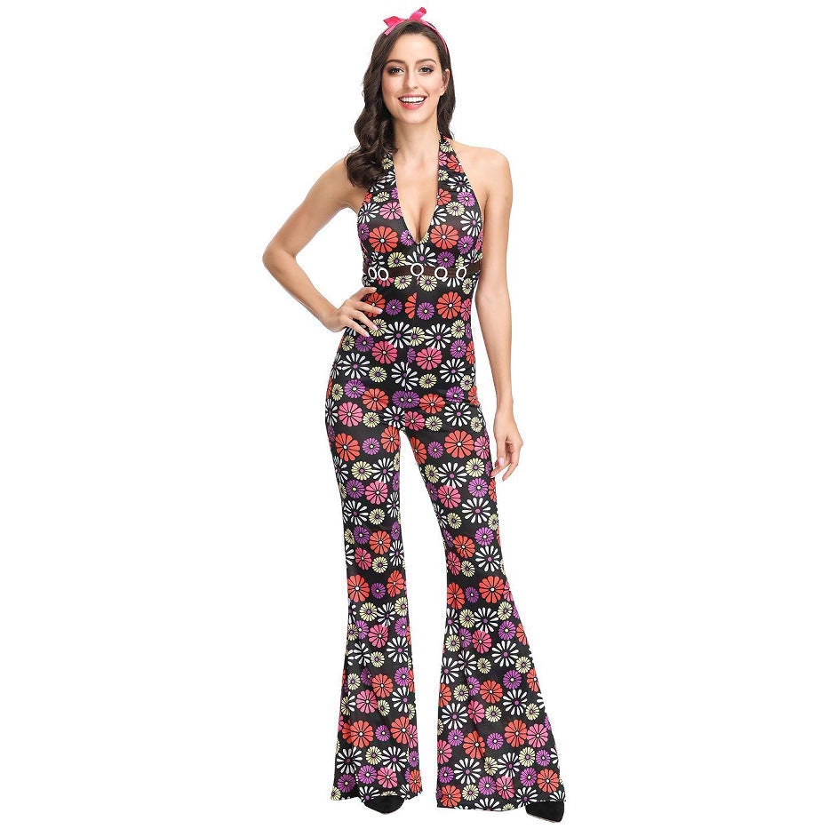 70s Disco Onesie Costume - Vintage Hippie Flower Power Jumpsuit for Couple Show & Theme Parties -dropshippingabc.com