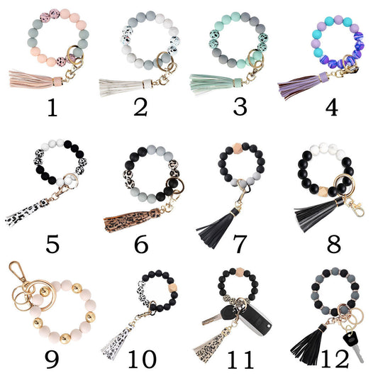 PU Tassel Keychain Women's Bag charm Silicone Beaded Keychain Wristlet Key Ring Bracelet Cute Car Key Chain Holder for Women Girls -dropshippingabc.com