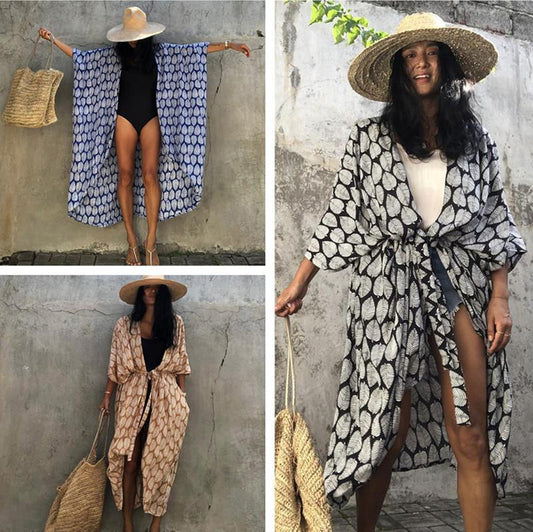 Cotton Leaf Print Beach Cover-Up ¨C Sexy Cardigan Style Vacation Sun Protection Dress