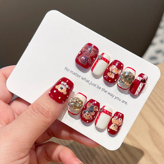New Year's red Christmas handmade armor cartoon bear cute wearing armor pure handmade autumn and winter nail patch
