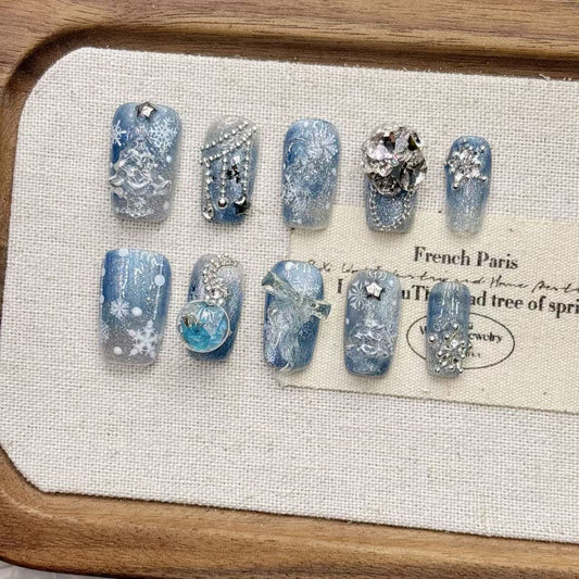 Blue snowflake autumn and winter Christmas handmade short almond pure handmade nail art