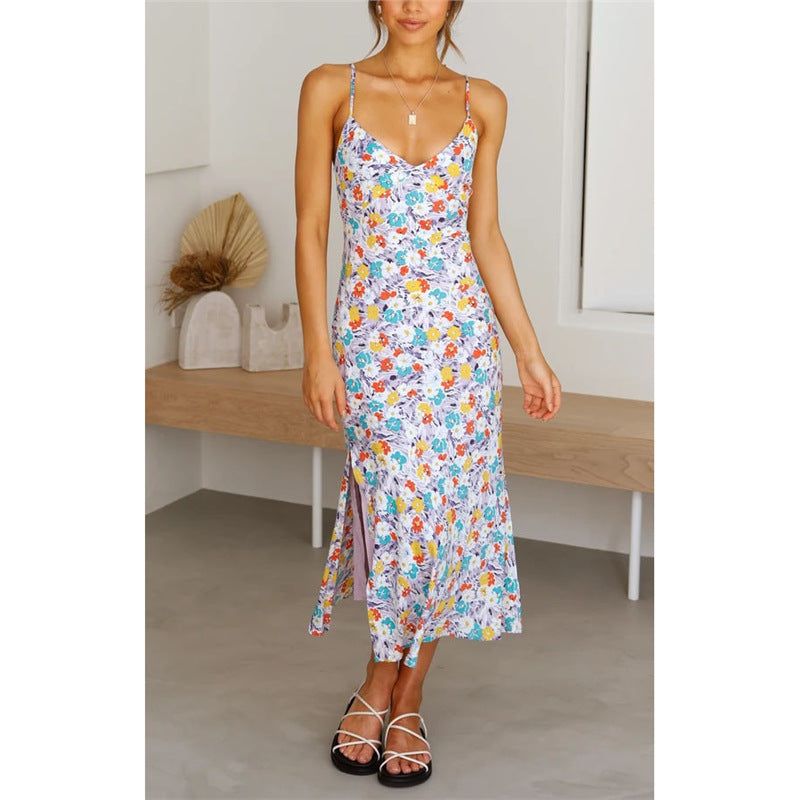 Floral Deep V Suspender Split Dress - Women's Spaghetti Strap Summer Dress -dropshippingabc.com